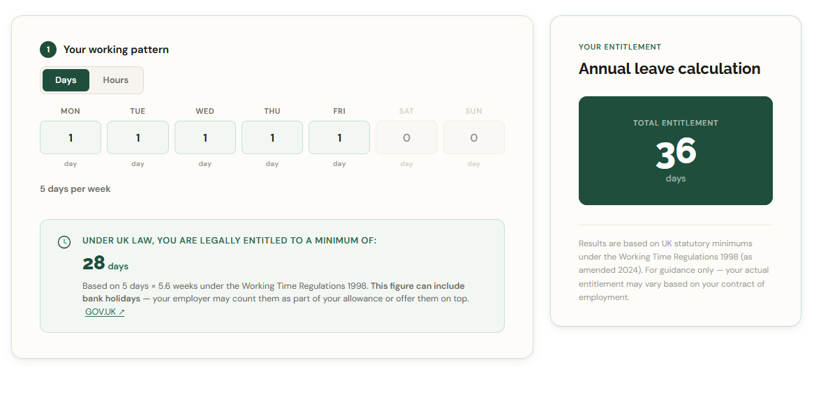 Free UK annual leave calculator tool — calculate entitlement instantly
