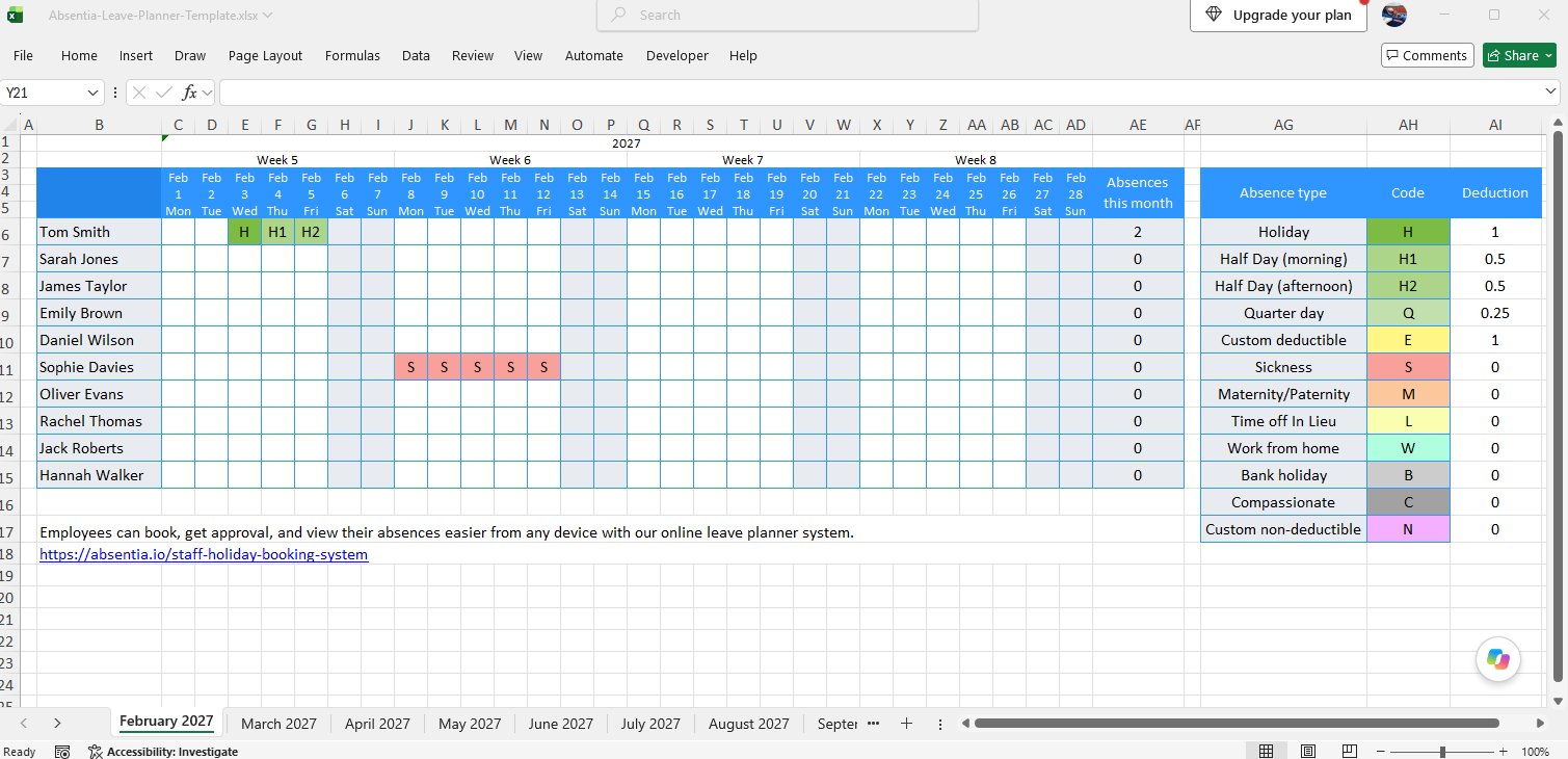 Absentia Excel leave planner calendar sheet