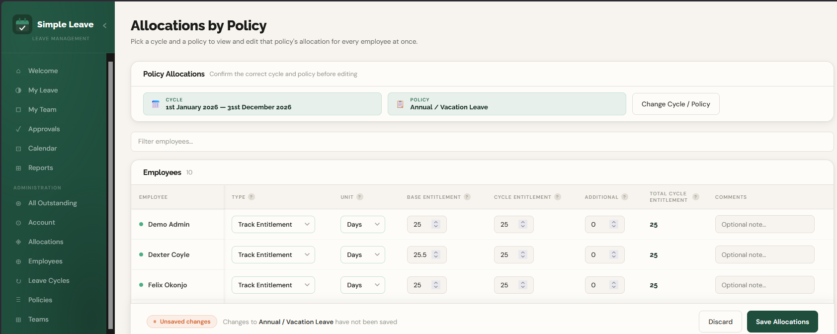 Simple Leave's By Policy Type allocation editor, showing one leave policy's entitlement for every employee in a single editable table