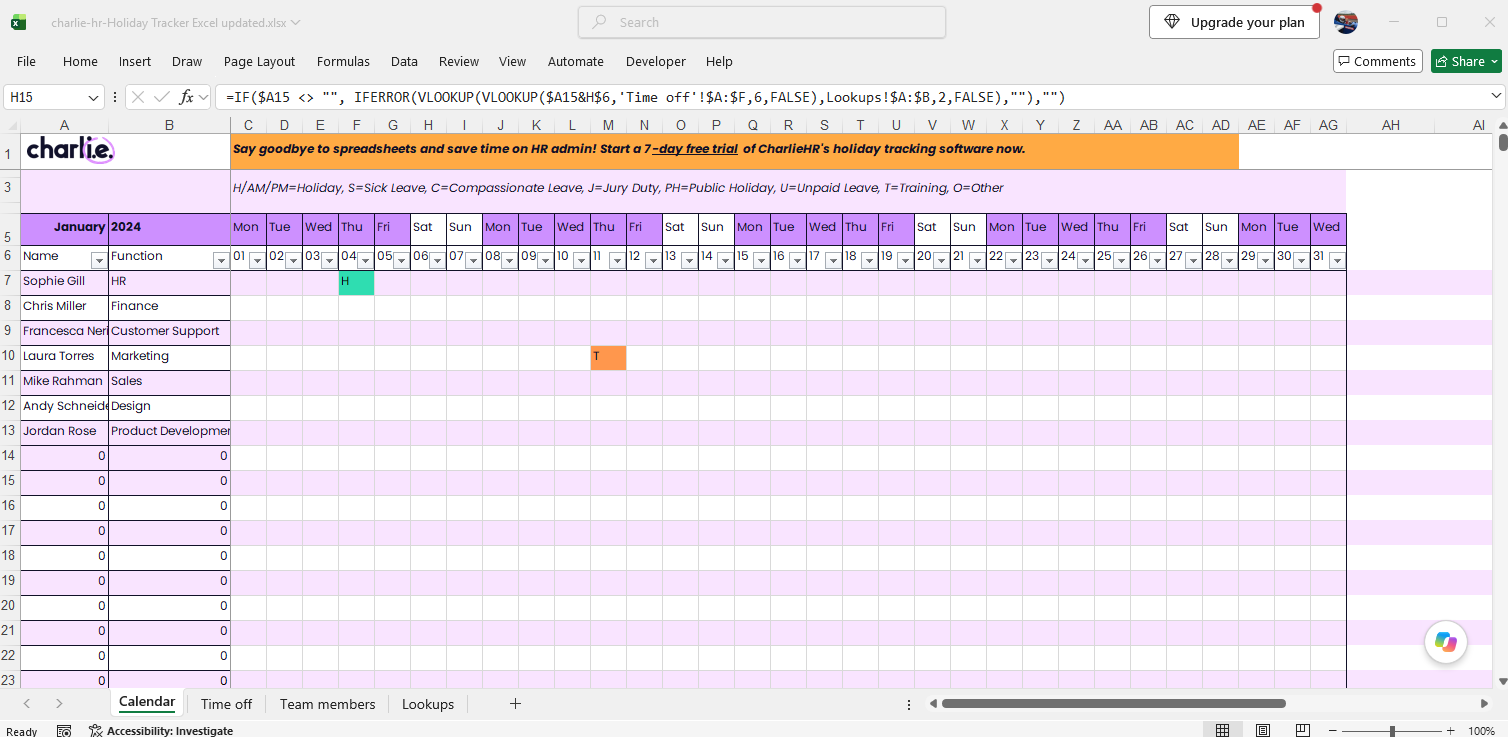 Charlie HR Excel holiday tracker Time Off sheet