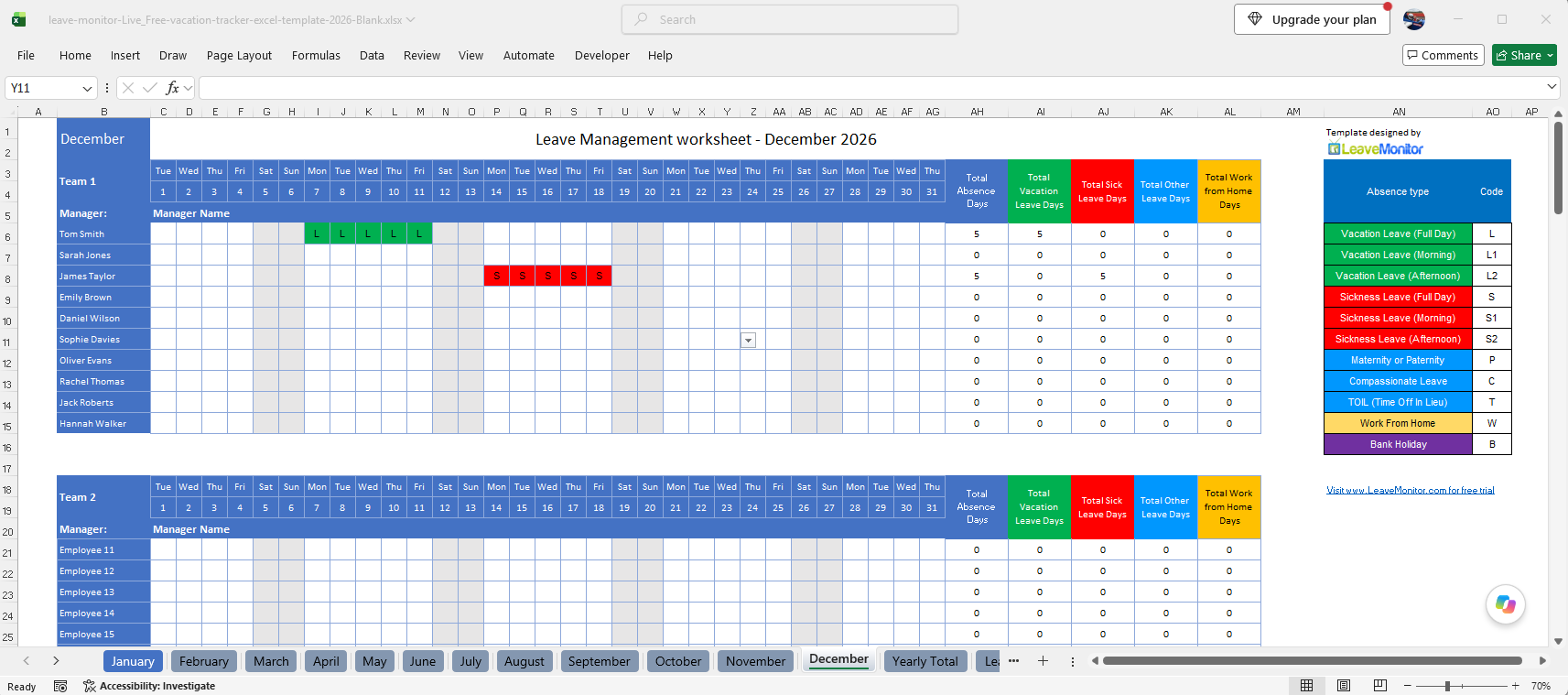Leave Monitor Excel vacation tracker template