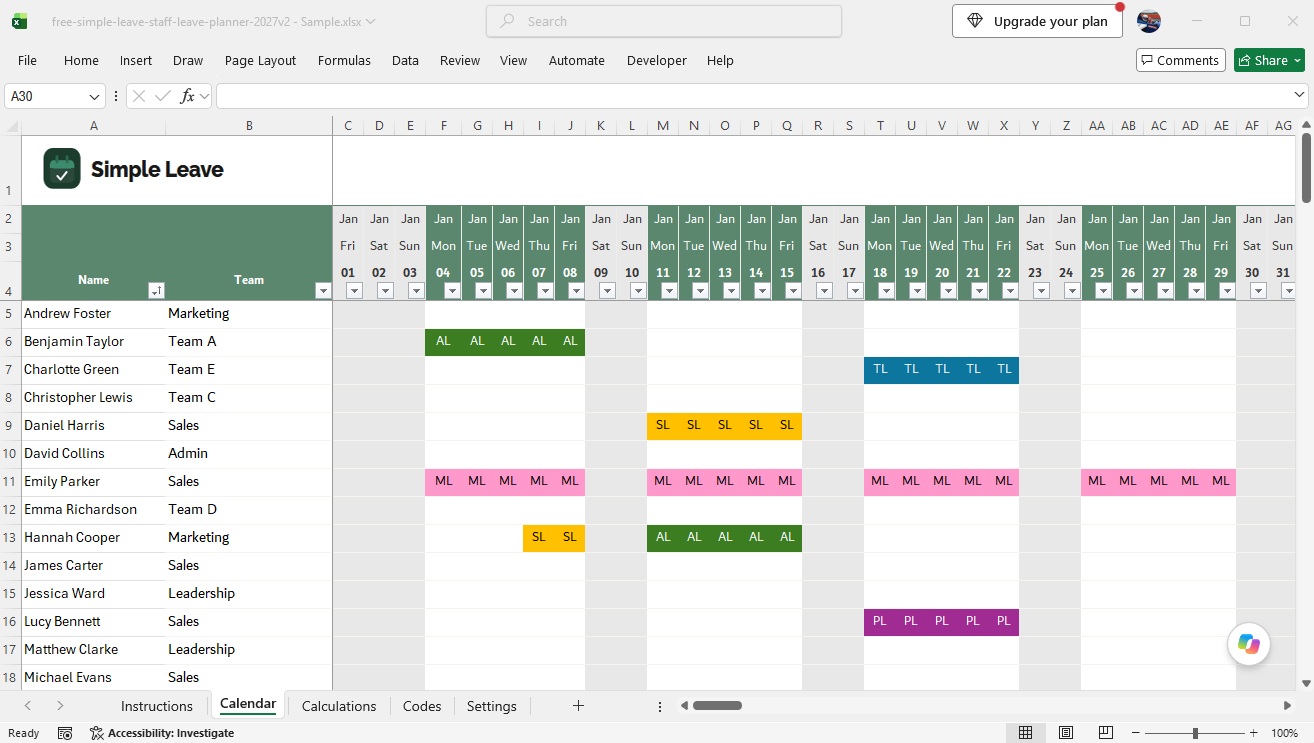 The Simple Leave free Excel leave planner for 2027