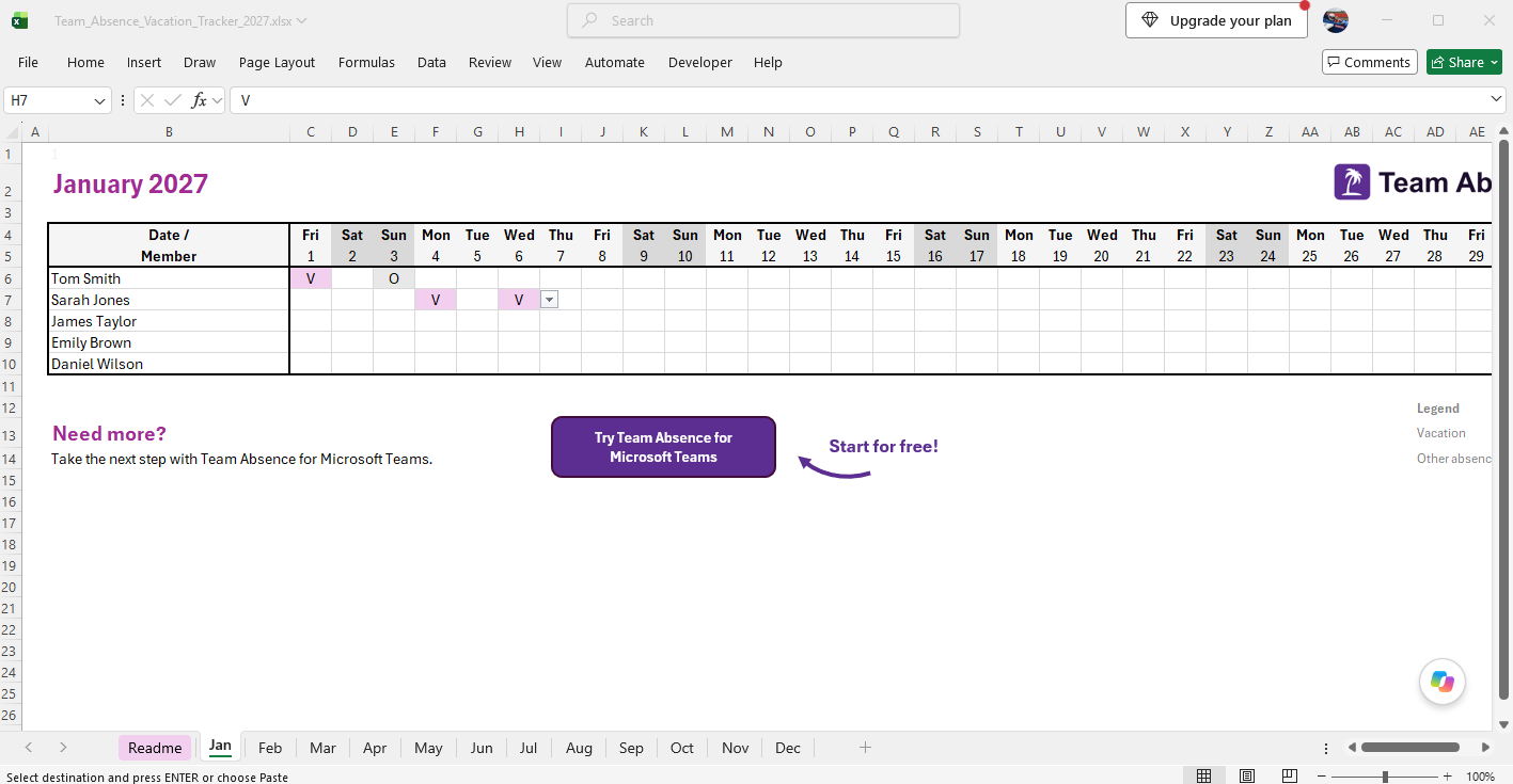 Team Absence Vacation Tracker Excel spreadsheet