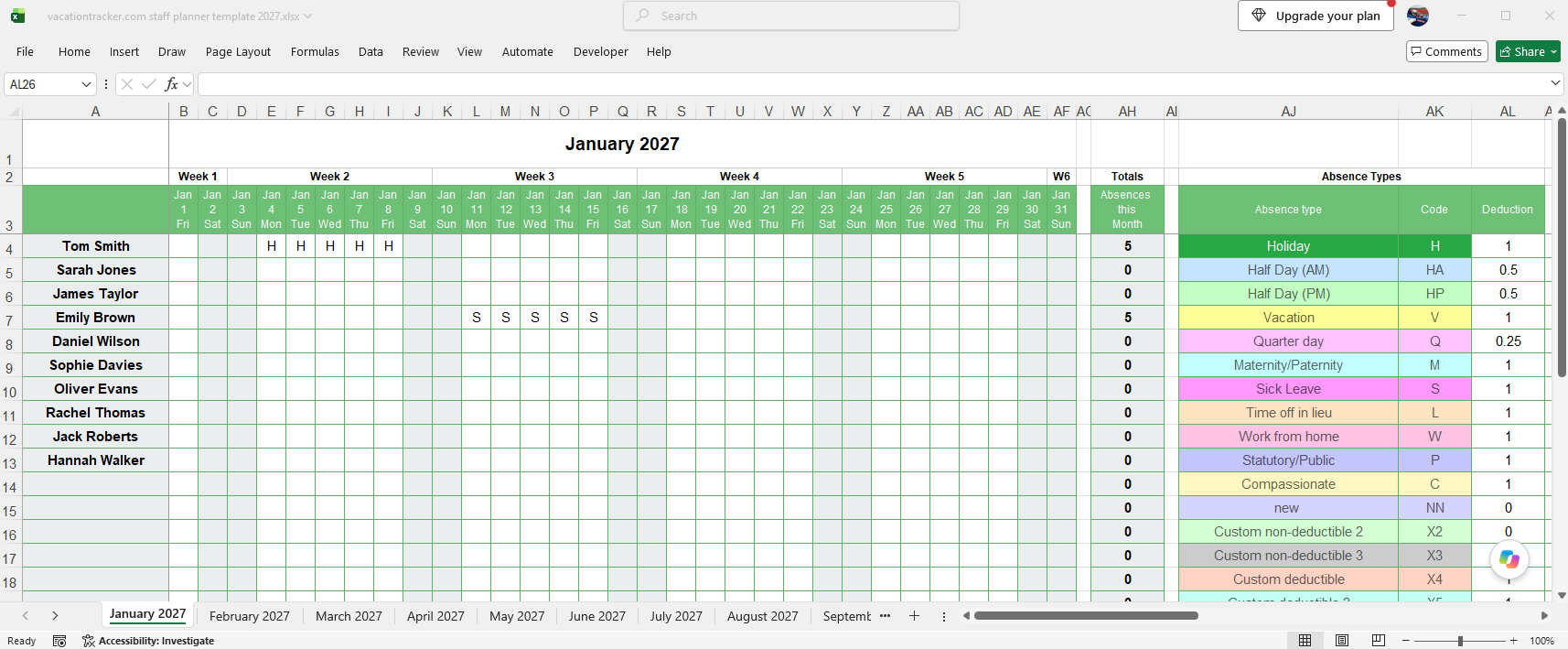 Vacation Tracker Excel staff planner template