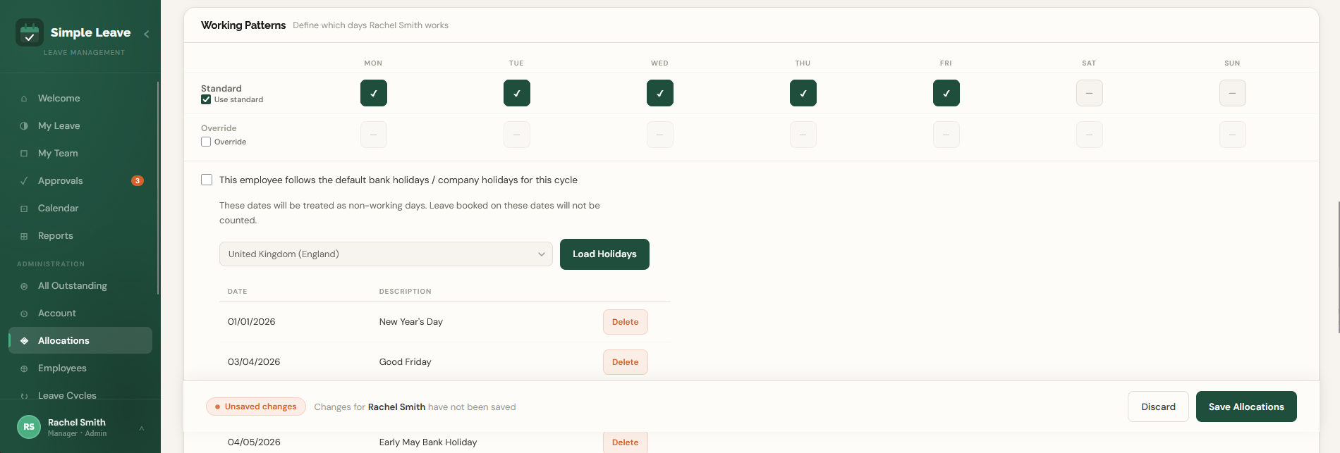 Simple Leave working patterns configuration for part-time staff and multiple locations