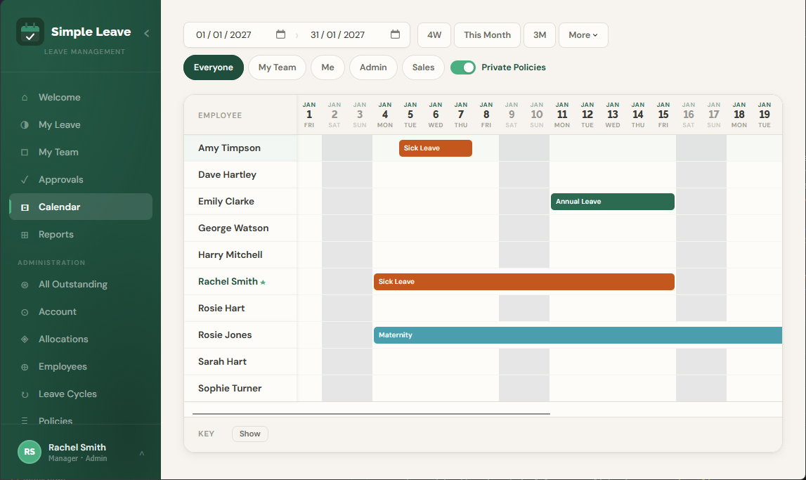Simple Leave's staff leave tracking calendar for 2027