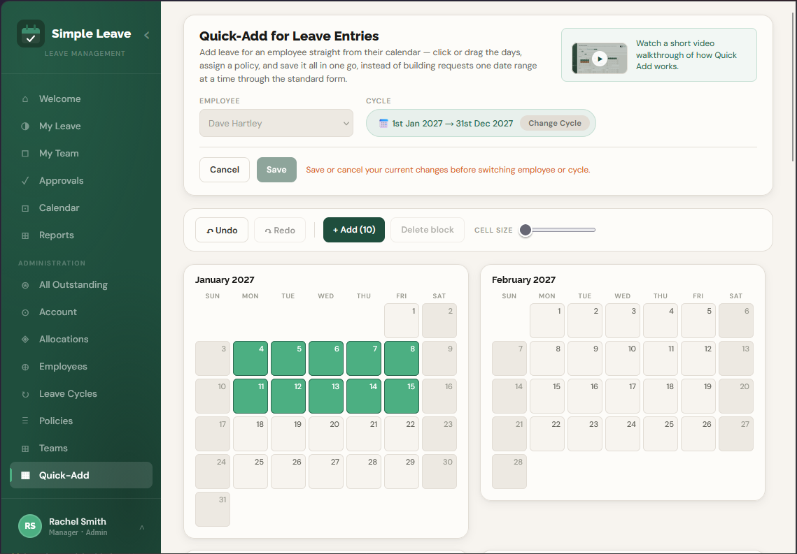 Simple Leave's Quick-Add calendar for bulk-entering a team's existing leave