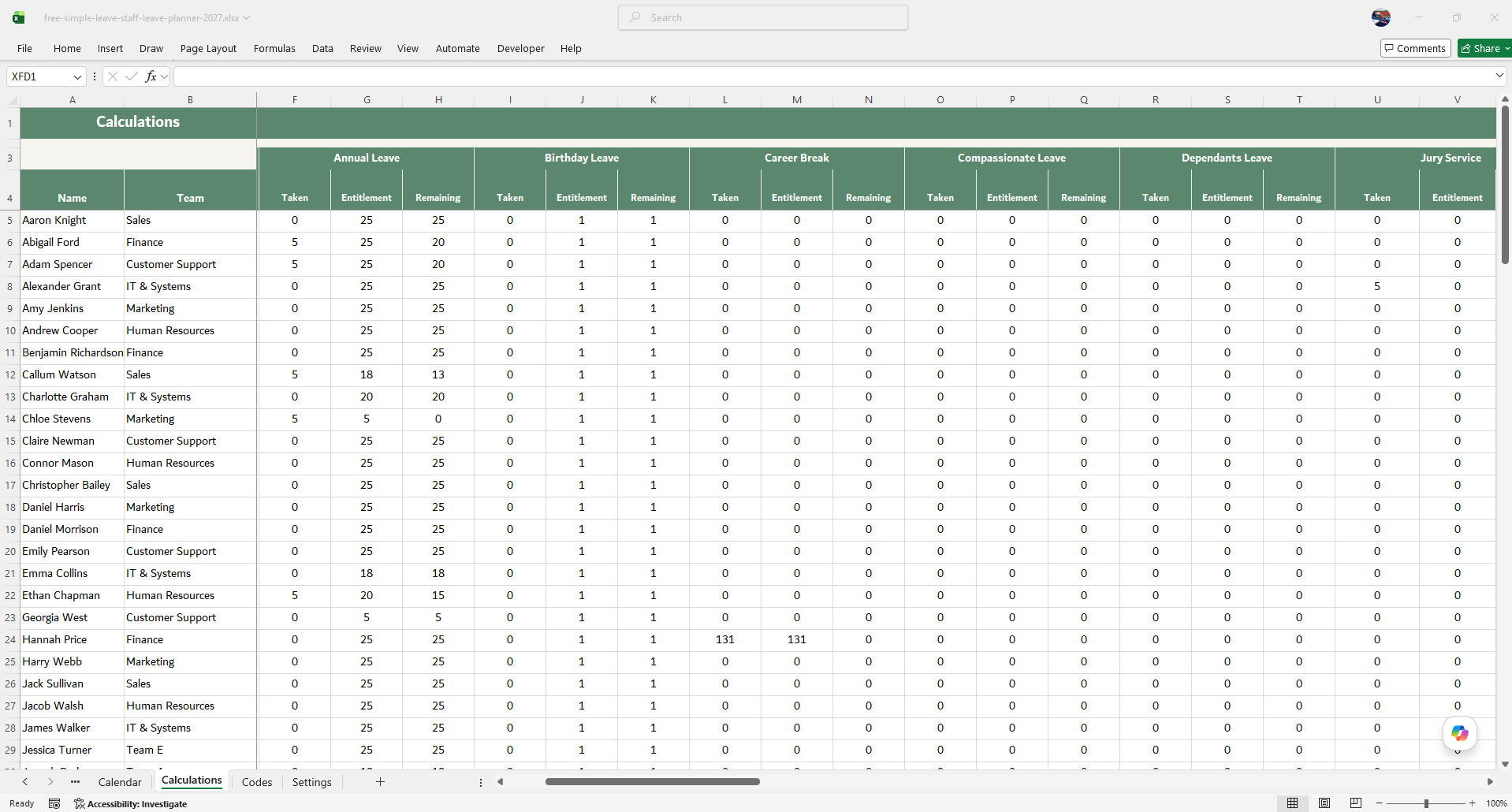 Excel leave planner 2027 — leave balance calculations showing remaining holiday days per employee