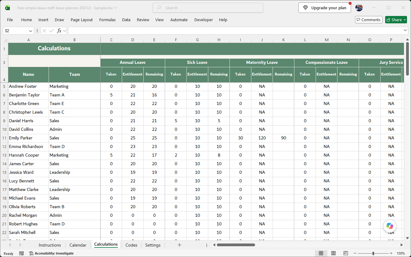 Free Excel 2027 leave tracker — Calculations sheet, entitlement column reads NA for Compassionate Leave and Jury Service