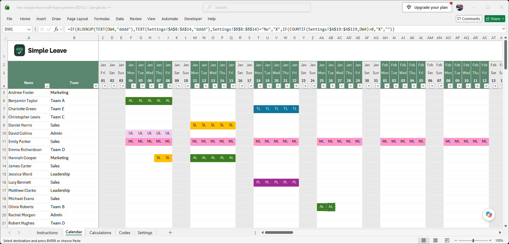 Free Excel 2027 leave tracker — Calendar sheet spanning January and February, showing colour-coded leave entries for a full team with weekends shaded