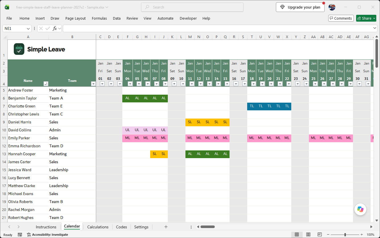 Free Excel 2027 leave tracker — monthly calendar showing colour-coded leave entries for a team