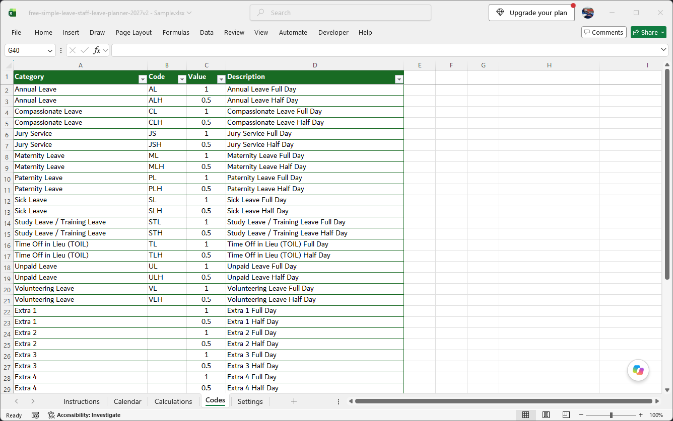 Free Excel 2027 leave tracker — Codes sheet listing all built-in leave categories with full-day and half-day values
