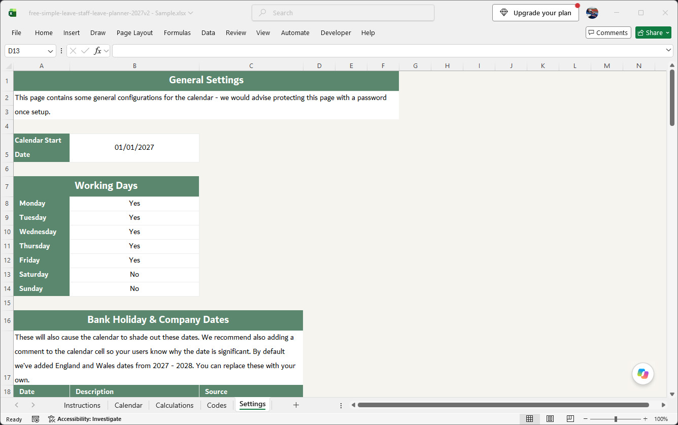 Free Excel 2027 leave tracker — General Settings sheet showing working days and pre-loaded UK bank holidays