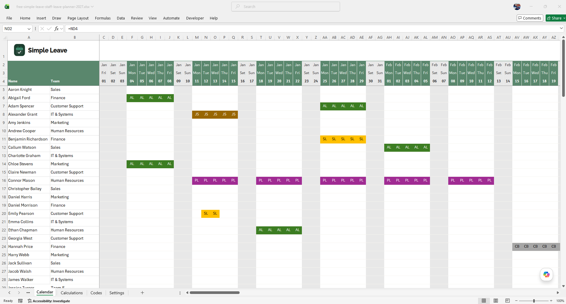Excel leave planner 2027 — monthly calendar view showing team holiday bookings