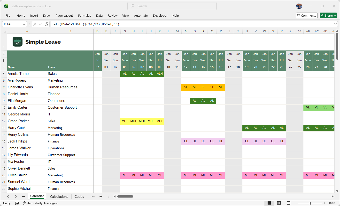 Excel leave planner 2027 — monthly calendar view showing team holiday bookings
